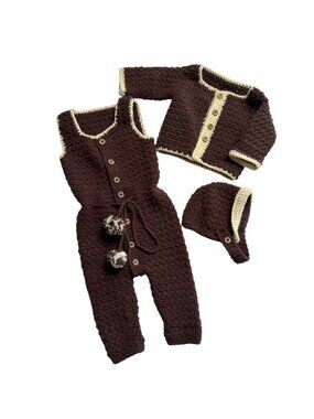 Vintage Baby Boy 3-6 M Crochet Outdoor Outfit Overalls Jacket Cap Brown Cream Ha
